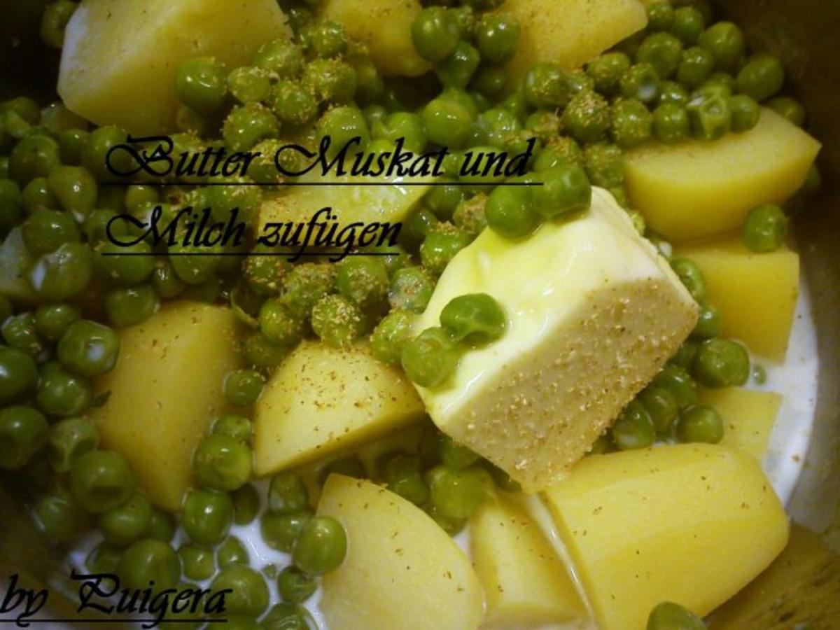 Hausmacherbratwurst an Kartoffel-Erbsen-Püree und glasierten Möhrchen - Rezept - Bild Nr. 6