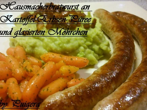 Hausmacherbratwurst an Kartoffel-Erbsen-Püree und glasierten Möhrchen - Rezept - Bild Nr. 7