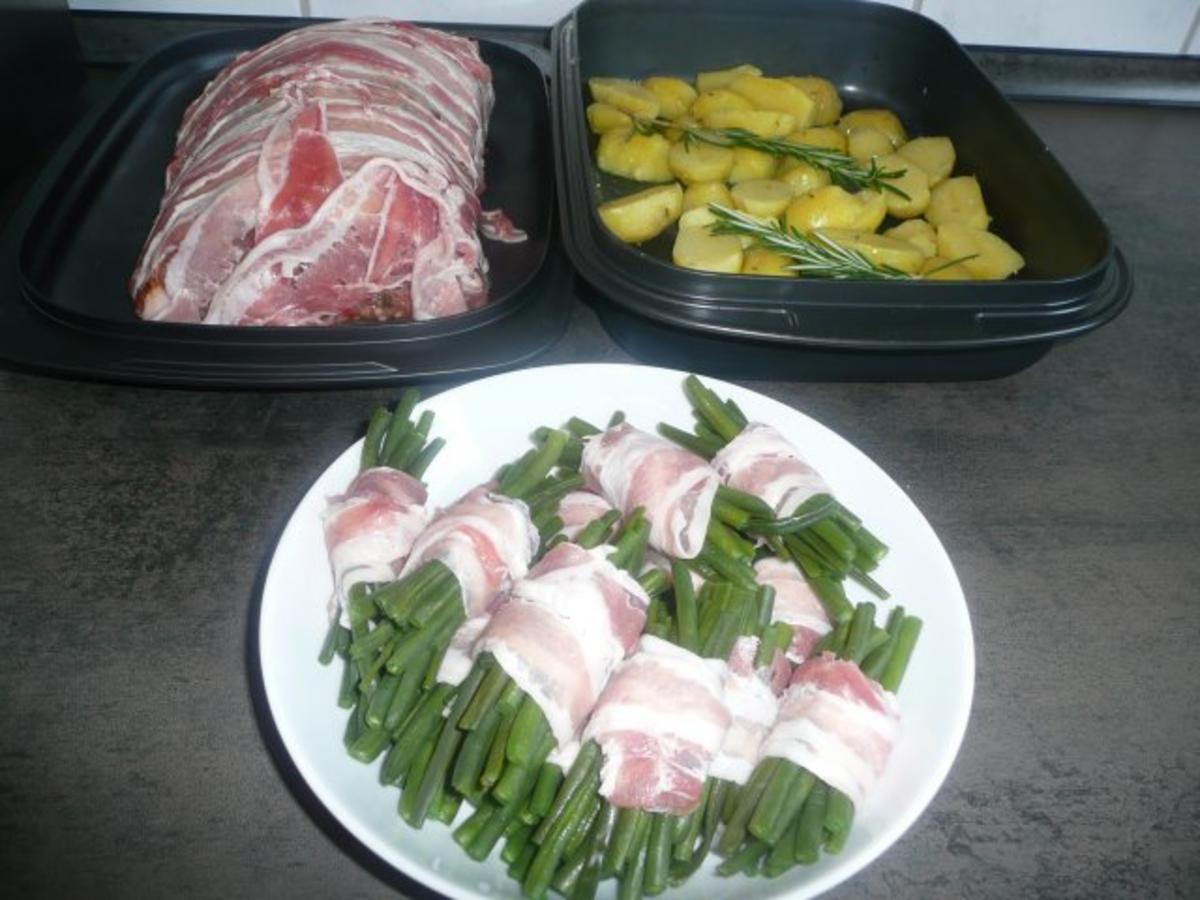 Gefüllter Jägerbraten mit Speckbohnen und Rosmarinkartoffeln - Rezept ...