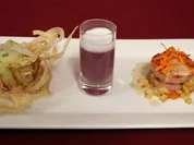 Blutwurst-Apfel-Praline auf Rahmkraut, Süppchen vom Rotkohl und Birne und Saumagentürmchen - Rezept