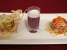 Blutwurst-Apfel-Praline auf Rahmkraut, Süppchen vom Rotkohl und Birne und Saumagentürmchen - Rezept