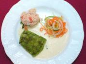Zanderfilet mit Kräuterkruste auf einem Nest von Gemüsespaghetti - Rezept