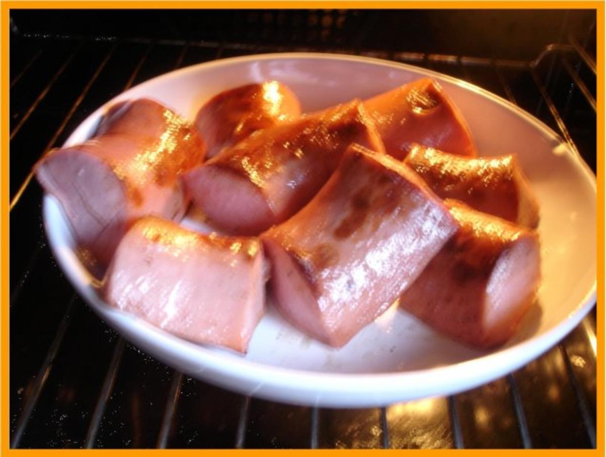 Gebratene Fleischwurst mit Röstzwiebeln, Mais und Kartoffelpüree - Rezept - Bild Nr. 2