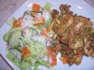 Scharfes Hähnchen mit Pfifferlingen und Erbsen, dazu ein frischer Salat - Rezept