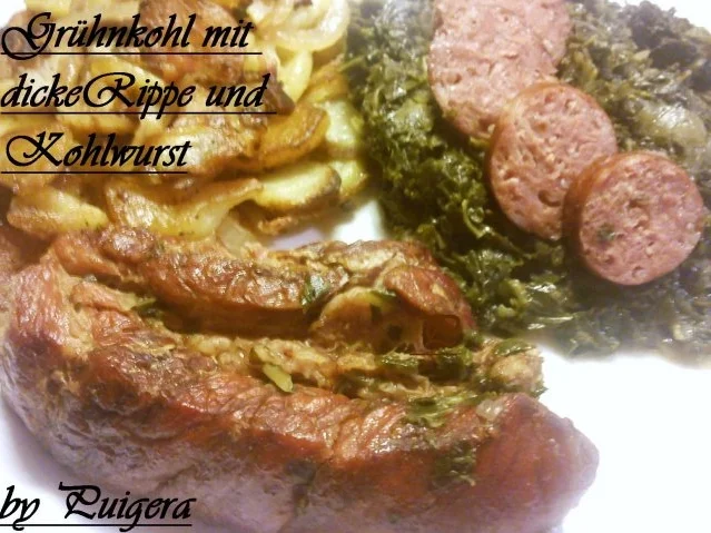 Grünkohl mit geräucherter  Rippe und Bratkartoffeln - Rezept