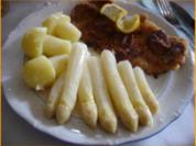 Kalbschnitzel mit Spargelspitzen und neuen Kartoffeln als Kartoffelpilze - Rezept