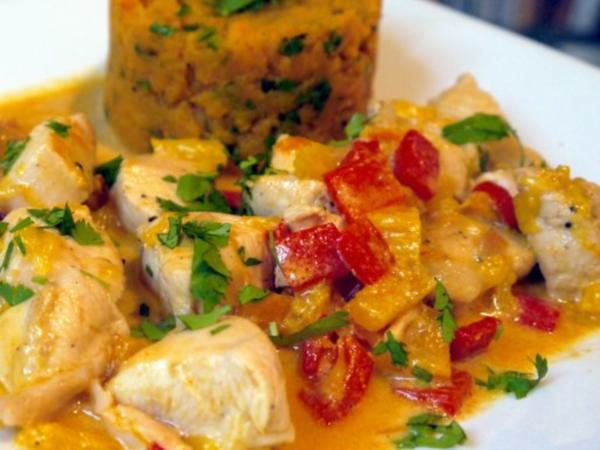 Orangen Paprika Huhn mit Süsskartoffelpüree - einfach - 70 kcal/100g