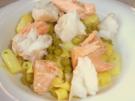 Tagliatelle in Zitronen-Curry-Sauce mit Erbsen, Spargel und Fisch - Rezept