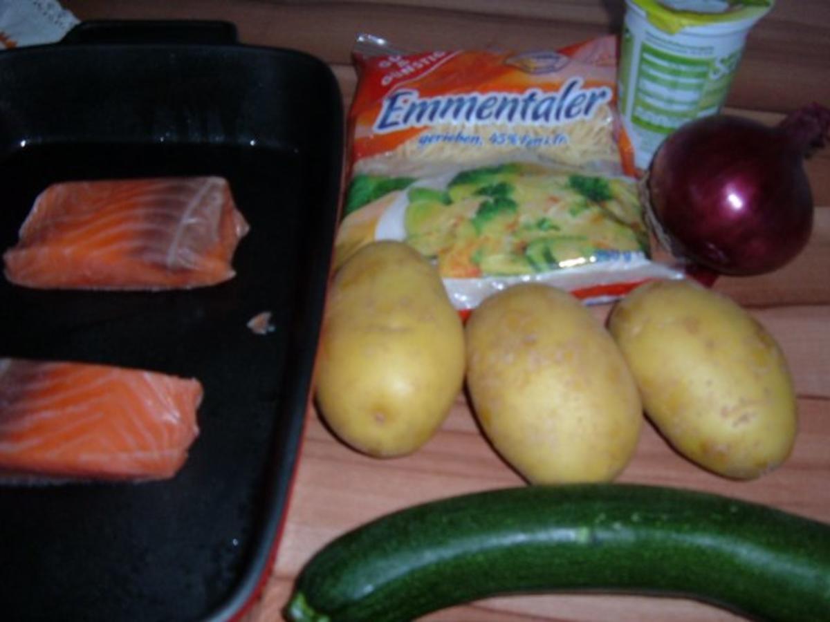 Fisch : Lachs auf Kartoffeln ,Zucchini, Zwiebeln - Rezept - Bild Nr. 2