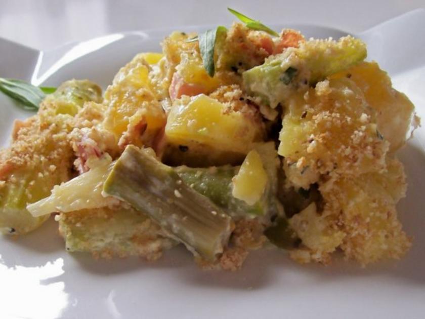 Weiß-grüner Spargel Kartoffel Auflauf - einfach - 146 kcal/100g