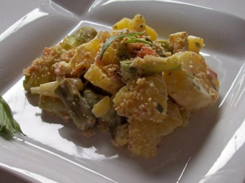 Weiß-grüner Spargel Kartoffel Auflauf - einfach - 146 kcal/100g