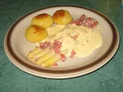 Ofenspargel mit Speck an karamellisierten Vanille-Kartöffelchen und Sauce Hollandaise - Rezept