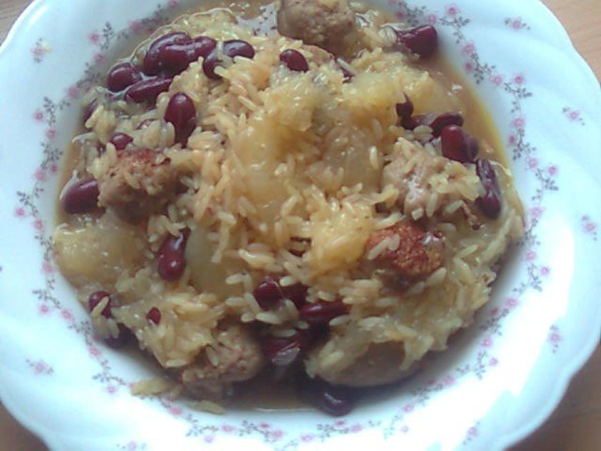 Reispfanne mit Kidneybohnen,Mettklößchen und Grapefruit - Rezept - Bild Nr. 2