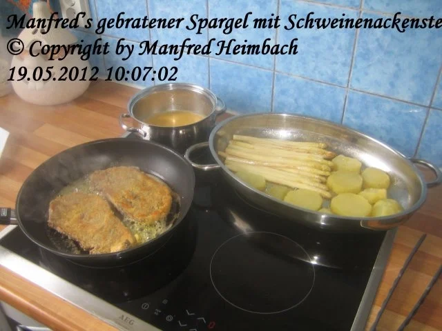 Fleisch – Wildschweinenackensteaks mit gebratenen Spargel und Sauce Hollandaise - Rezept - Bild Nr. 2