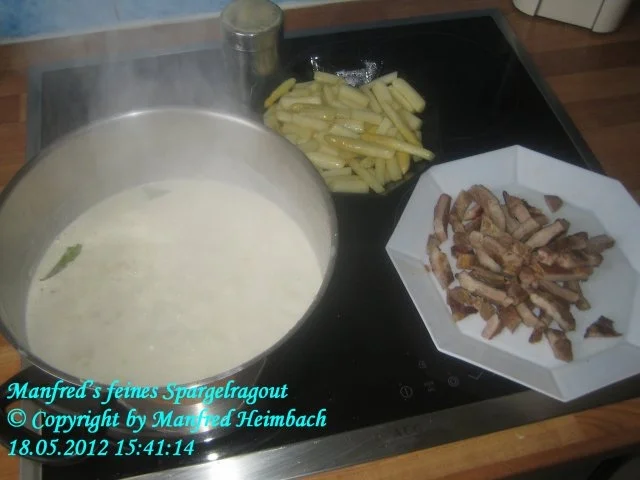 Spargel – Spargelragout mit gegrillten Streifen von Wildschweinnackensteak - Rezept