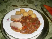 Kalbsfächerbraten mit Rotweingemüse>> - Rezept