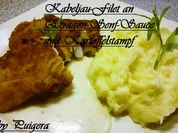 Gebackenes Kabeljaufilet an Estragon-Senf-Sauce und Kartoffelstampf - Rezept