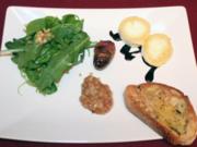 Chèvre Chaud mit Speck gemantelten Datteln und Feigenmousse im Rucola-Nest - Rezept