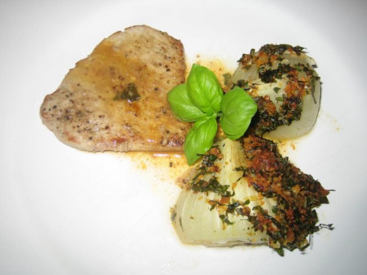 Scaloppine con finocchi al forno - Kalbschnitzel mit überbackenem ...