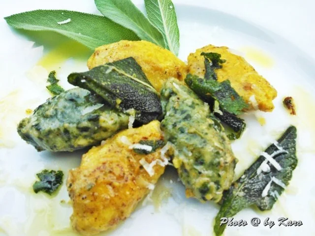 Nocken .. Parmesan Möhren - Emmentaler Spinat mit Salbeibutter - Rezept