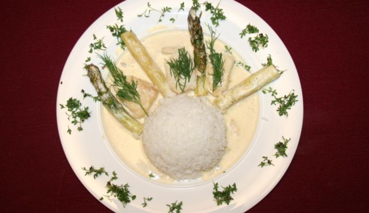 Bilder für Pangasiusfilet mit grünem Spargel auf Langkornreis - Rezept