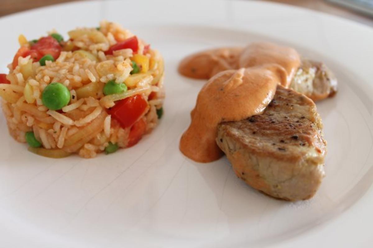 Schweinefilet mit Metaxasauce und Gemüsereis - Rezept - kochbar.de