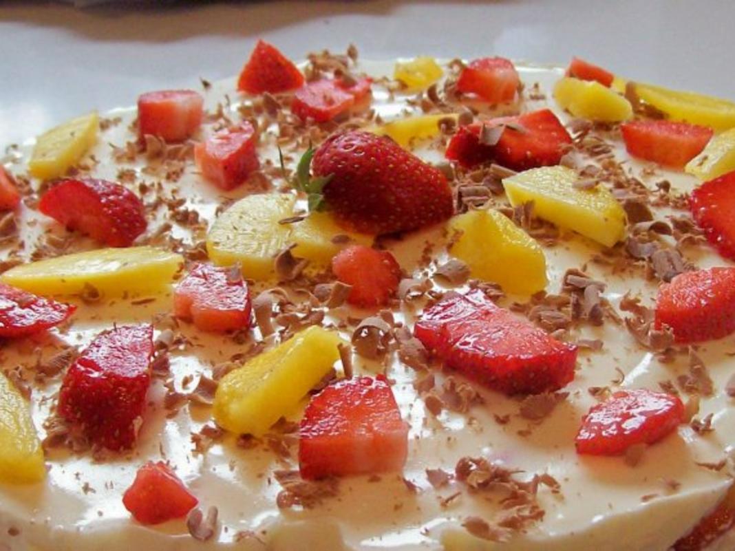 Käse Joghurt Torte mit Nektarinen und Erdbeeren - einfach - 224 kcal/100g