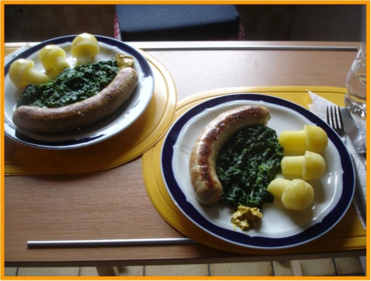 Bratwurst mit Rahm Blattspinat und Kartoffelpilzen - Rezept - Bild Nr. 12