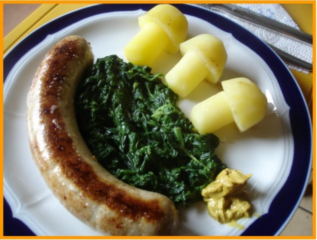 Bratwurst mit Rahm Blattspinat und Kartoffelpilzen - Rezept - Bild Nr. 13