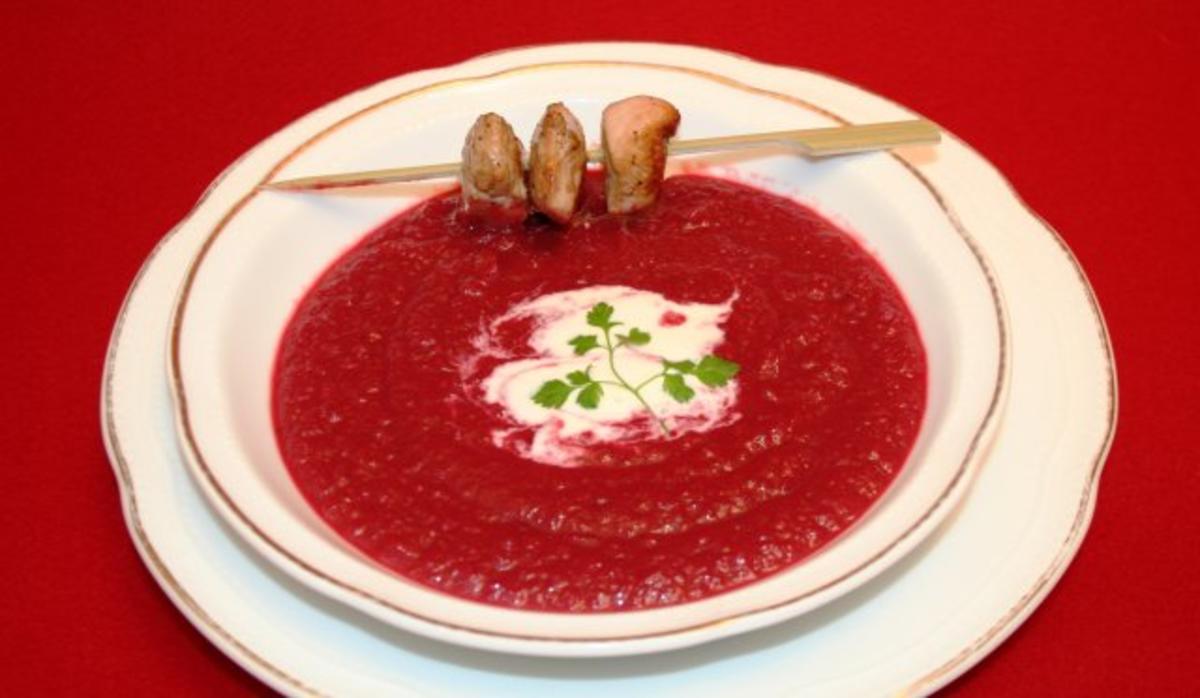Rote Bete-Power-Suppe mit Sherry-Hähnchenspieß - Rezept