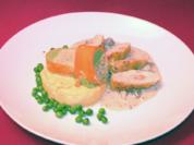 Maispoularde gefüllt mit Baumnuss-Mascarpone, Gemüseterrine mit Erbsen und Maisflan - Rezept