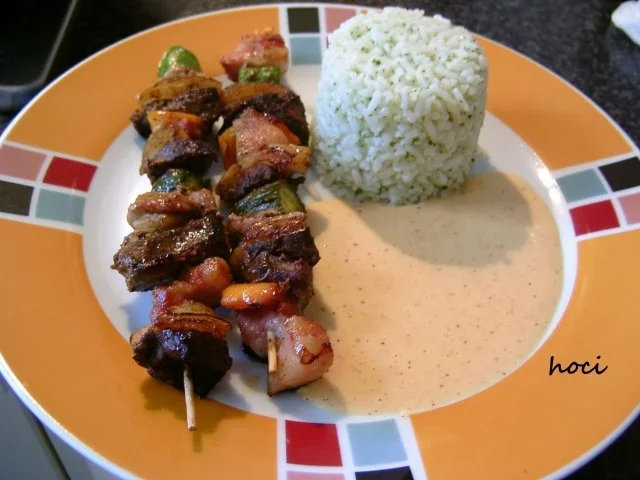 Rezept: Schaschlikspiess mit Petersilienreis und Hollandaise " Diabolo " Schaschlikspiess mit Petersilienreis und Hollandaise " Diabolo " - Rezept