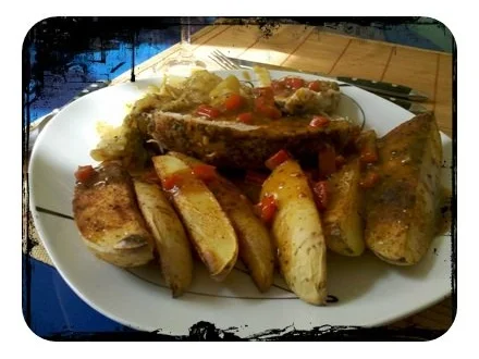 Fleisch: Schweinebraten von der Nuss mit Sesamsoße und Kartoffelspalten - Rezept