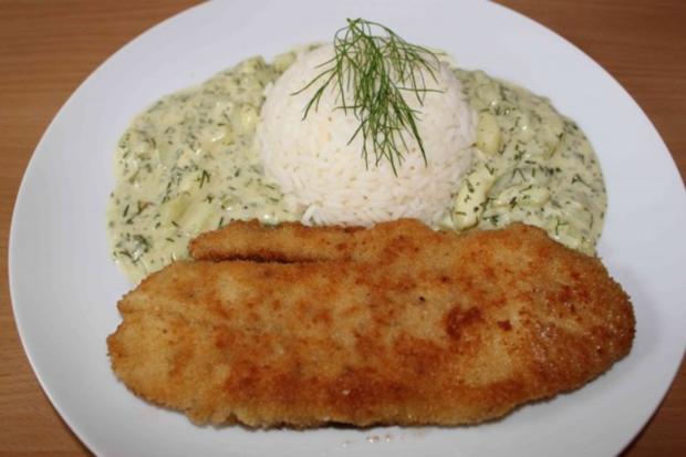 Rotbarschfilet paniert mit Schmorgurken und Reis - Rezept - kochbar.de