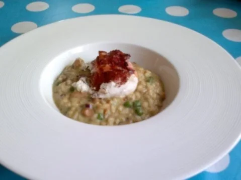 Risotto mit Pfifferlingen und Erbsen, gegrillter Picandou - Rezept