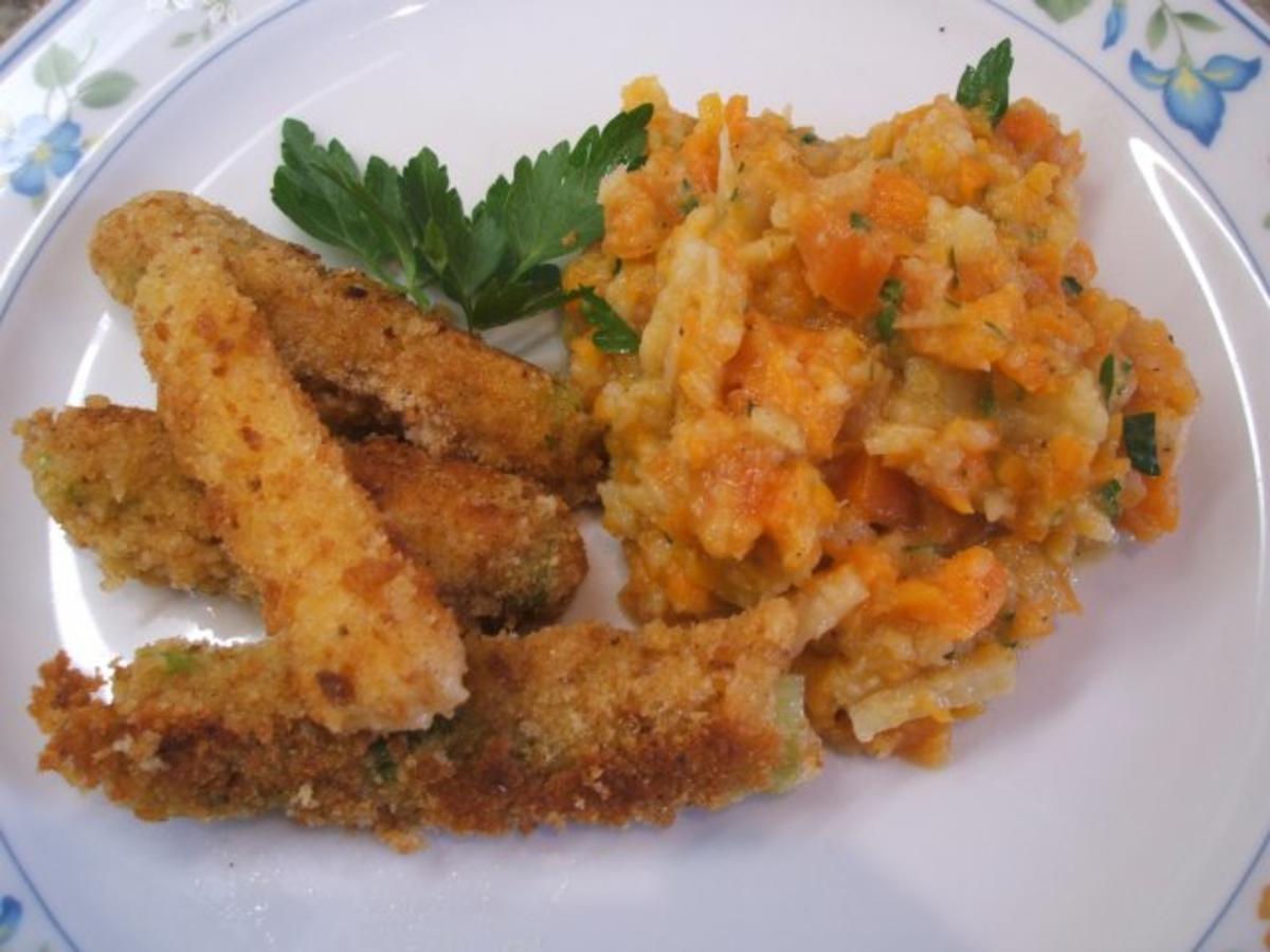 Gemüse: Gebackene Lauchzwiebeln mit Karotten-Petersilienwurzel-Püree - Rezept
