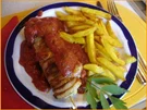 Schweinefiletspieße mit Currysauce und Backofen Pommes frites - Rezept