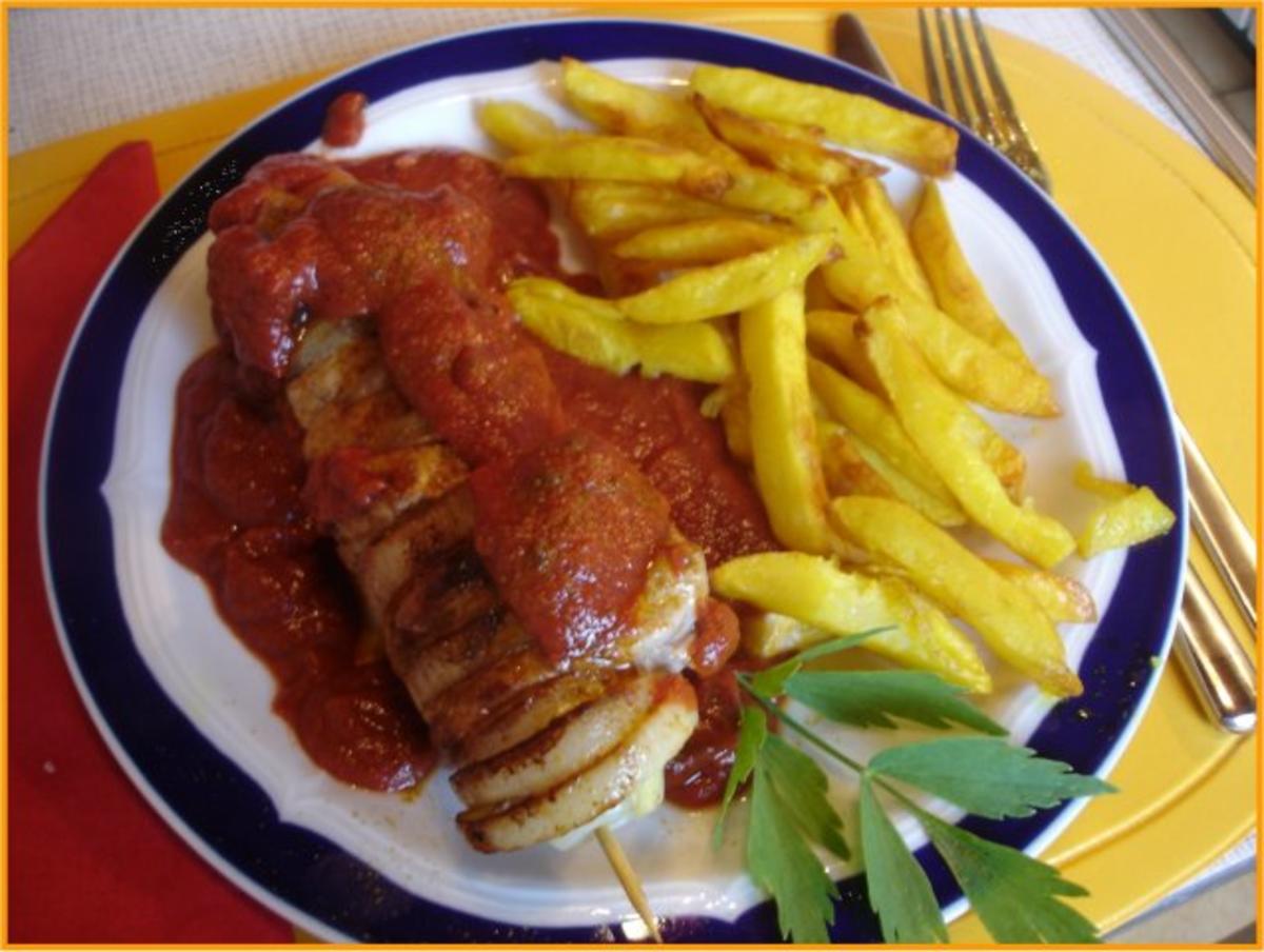 Bilder für Schweinefiletspieße mit Currysauce und Backofen Pommes frites - Rezept