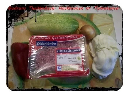 Rezept: Hackfleisch: Thailändischer Hackfleischbraten mit Tomatensoße und Pellkartoffeln Bild Nr. 2 Hackfleisch: Thailändischer Hackfleischbraten mit Tomatensoße und Pellkartoffeln - Rezept - Bild Nr. 2