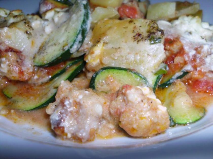 Kartoffelauflauf mit Zucchini und Hackfleisch - einfach - 111 kcal/100g