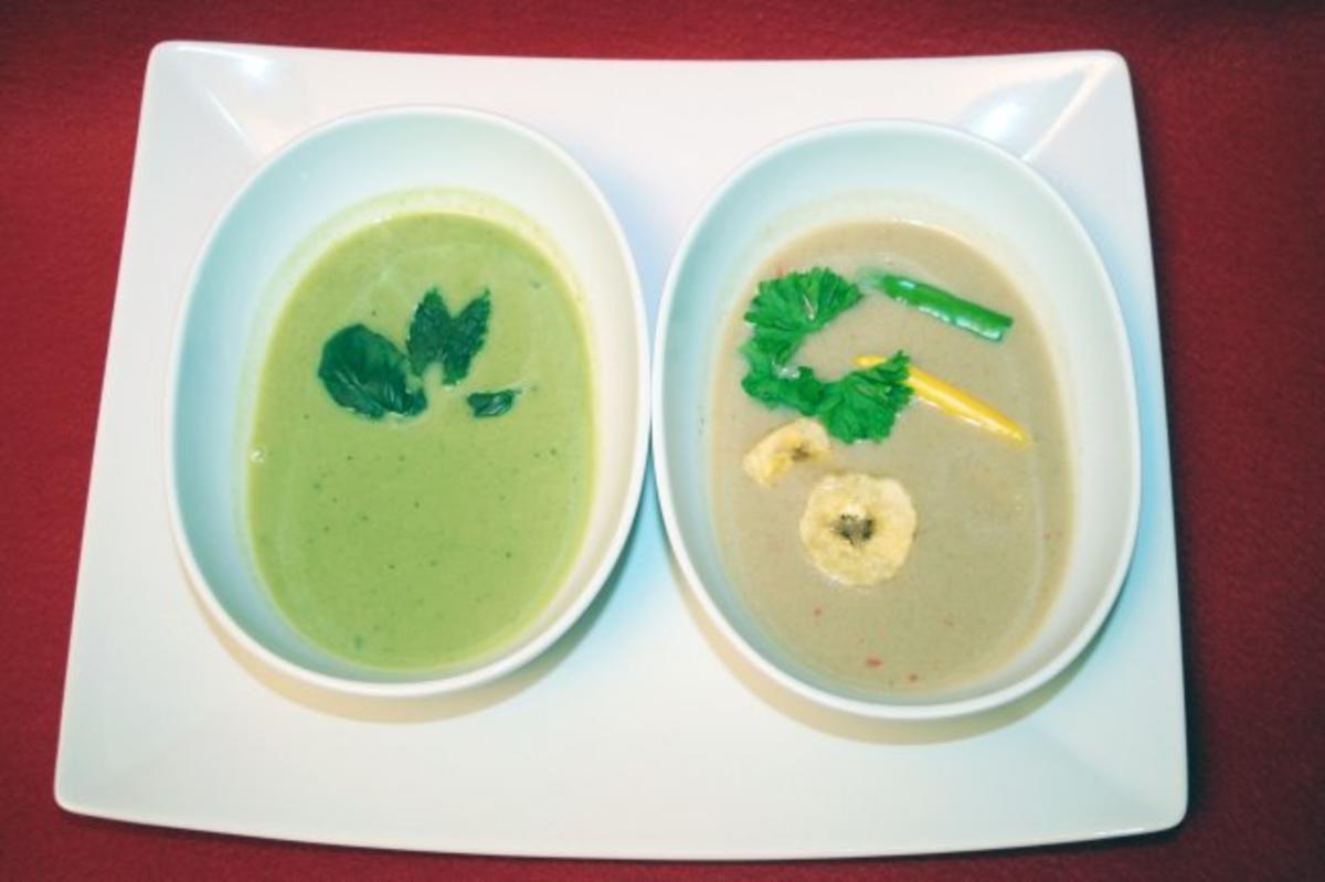 Pas de deux - Sommerliche Erbsensuppe und Bananen-Chili-Suppe - Rezept