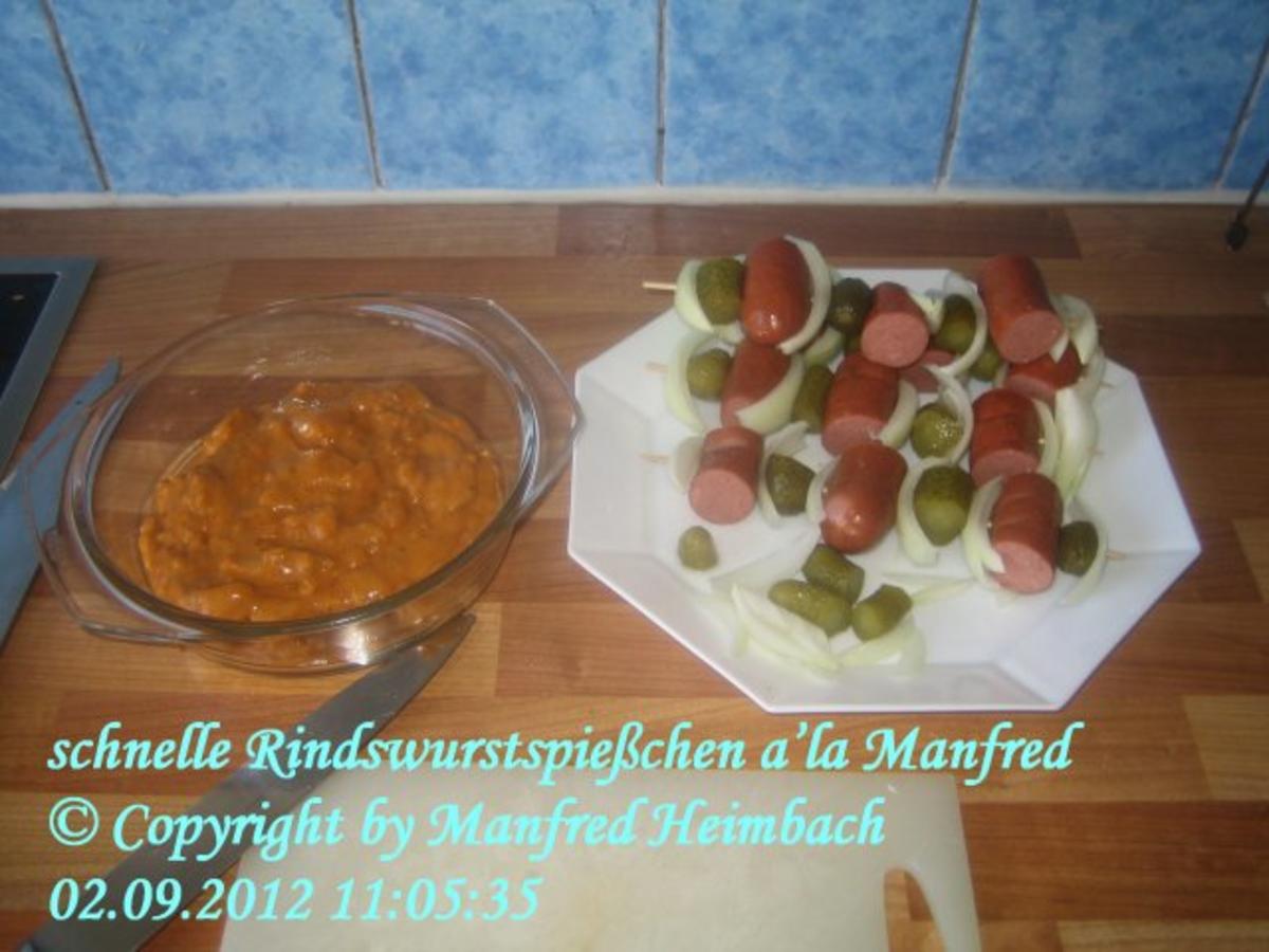 Wurst – Rindswurstspieße mit Backofenfrites und Habenerocreme a’la Manfred - Rezept - Bild Nr. 3