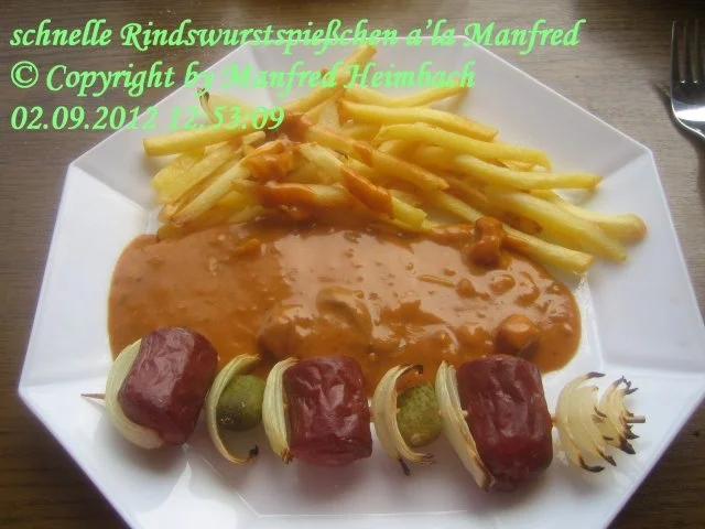 Rezept: Wurst – Rindswurstspieße mit Backofenfrites und Habenerocreme a’la Manfred Wurst – Rindswurstspieße mit Backofenfrites und Habenerocreme a’la Manfred - Rezept