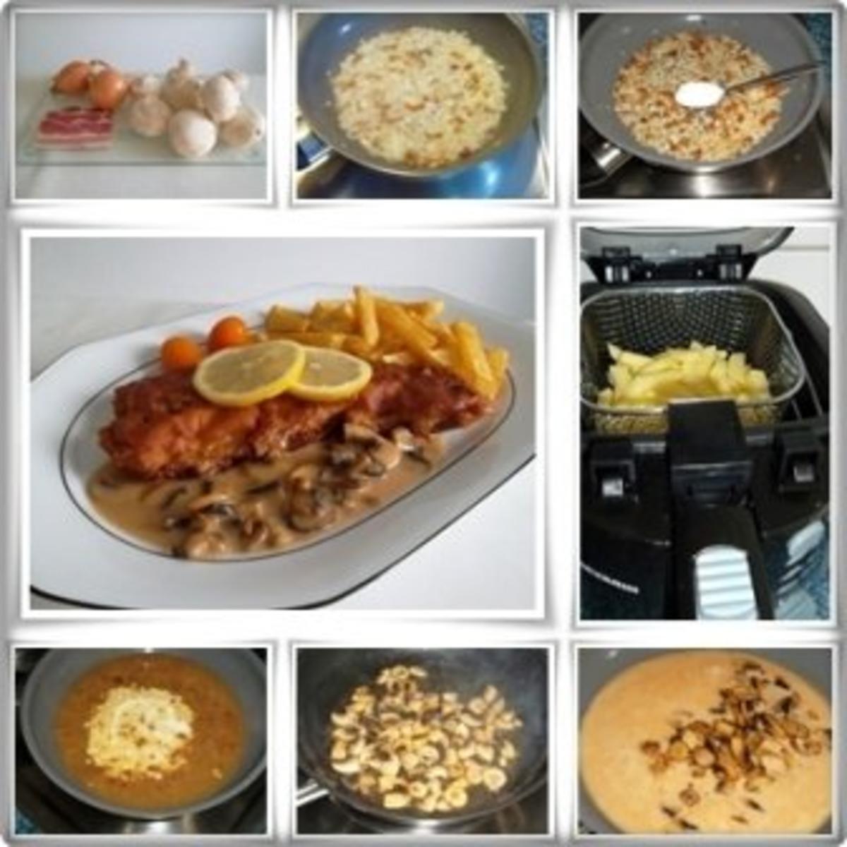Knuspriges Schnitzel mit Pommes frites und Champignons-Rahmsauce - Rezept - Bild Nr. 2
