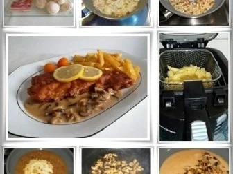 Knuspriges Schnitzel mit Pommes frites und Champignons-Rahmsauce - Rezept - Bild Nr. 2