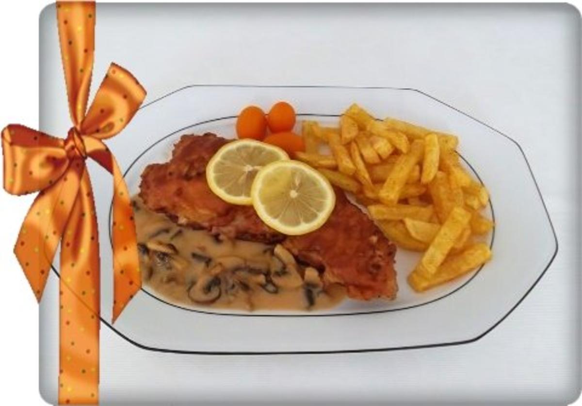 Bilder für Knuspriges Schnitzel mit Pommes frites und Champignons-Rahmsauce - Rezept