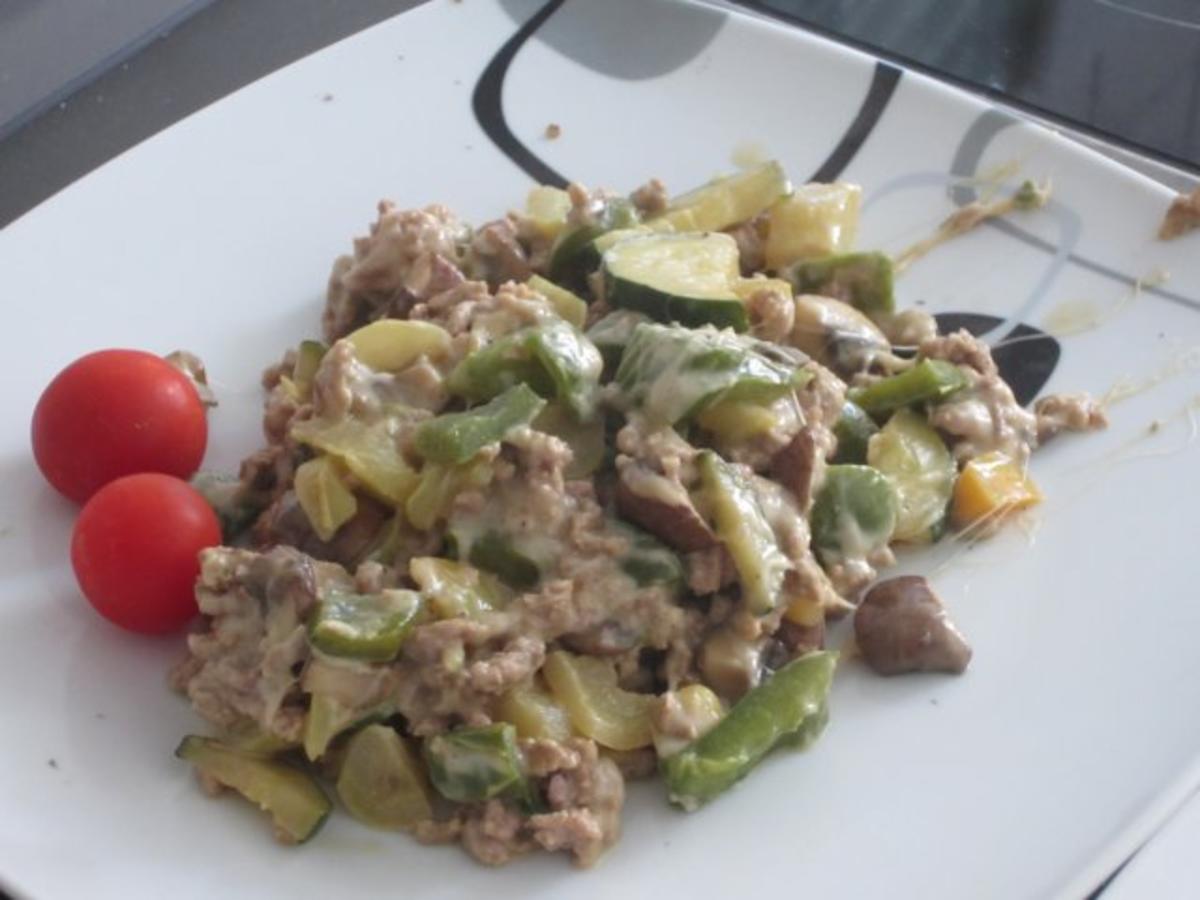 Hackfleisch-Gemüse-Käse-SENF-Pfanne - Rezept