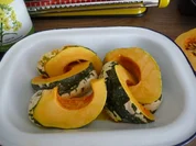 Beilage : Kürbisstücke gebacken - Rezept