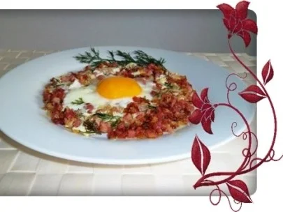 Rezept: Spiegelei auf Schinken-Zwiebelbett Spiegelei auf Schinken-Zwiebelbett - Rezept