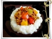 Raffinierte bunte Paprikapfanne  mit Hackfleisch und Reis dazu - Rezept